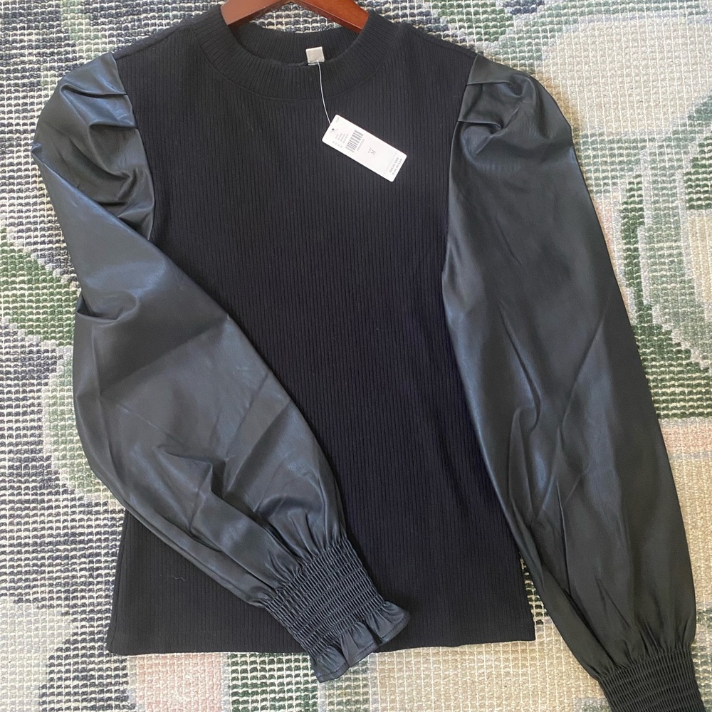 Anthropologie NWT Black sweater with faux leather sleeeves